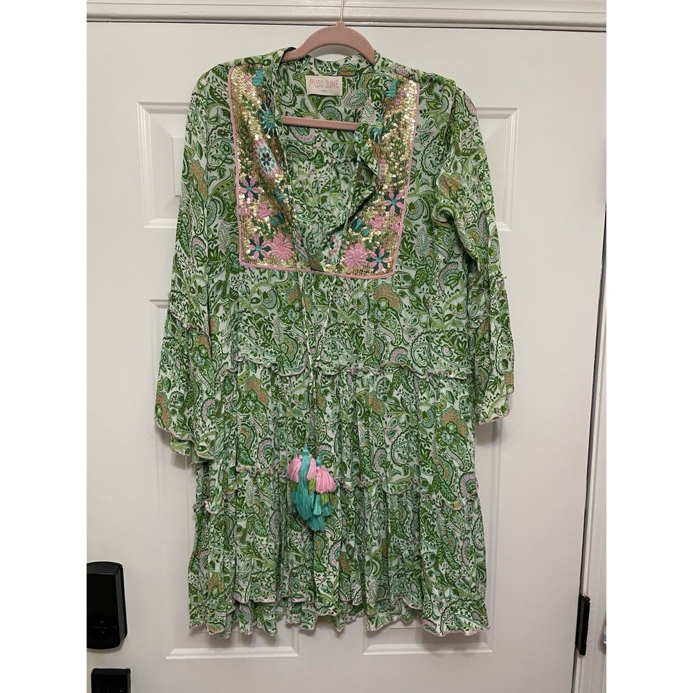 Miss June Paris Green Pink Floral Embroidered Sequin Boho Tunic Dress L/XL